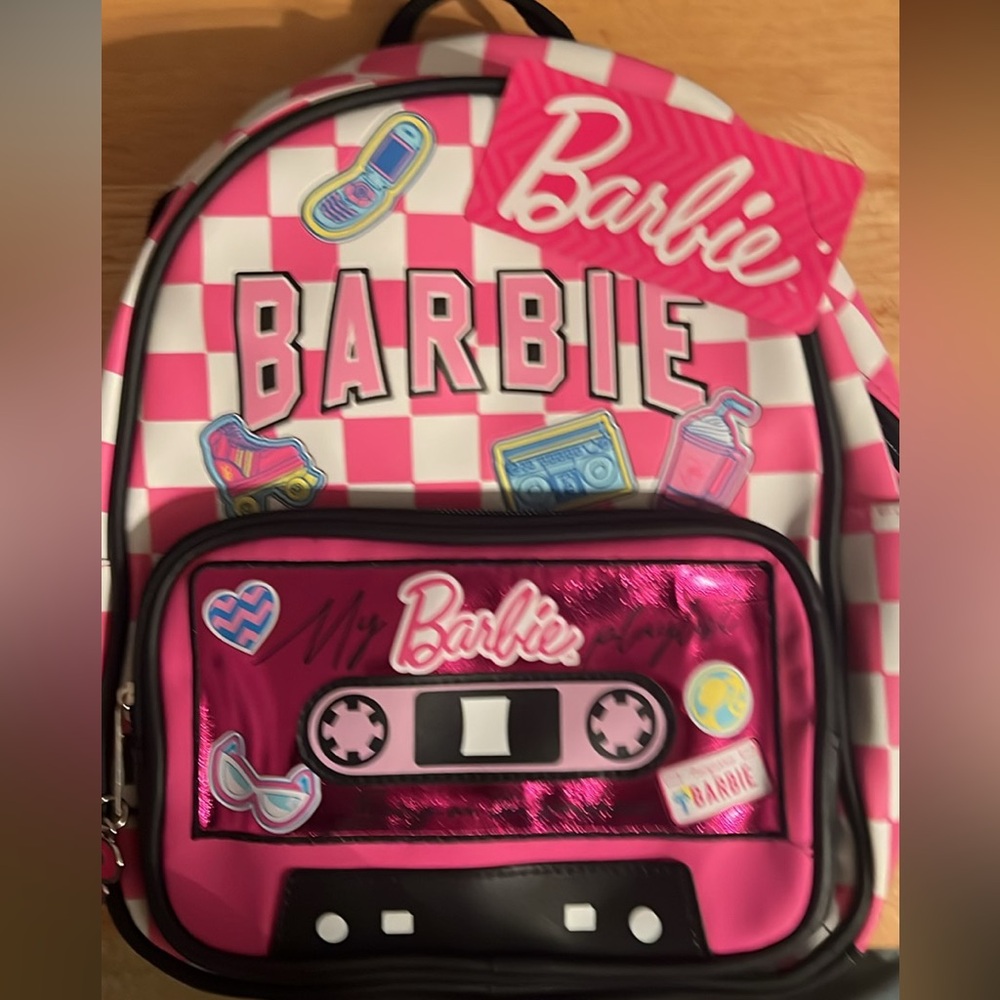 Barbie Pink Checkered Backpack with Metallic Cassette Pocket